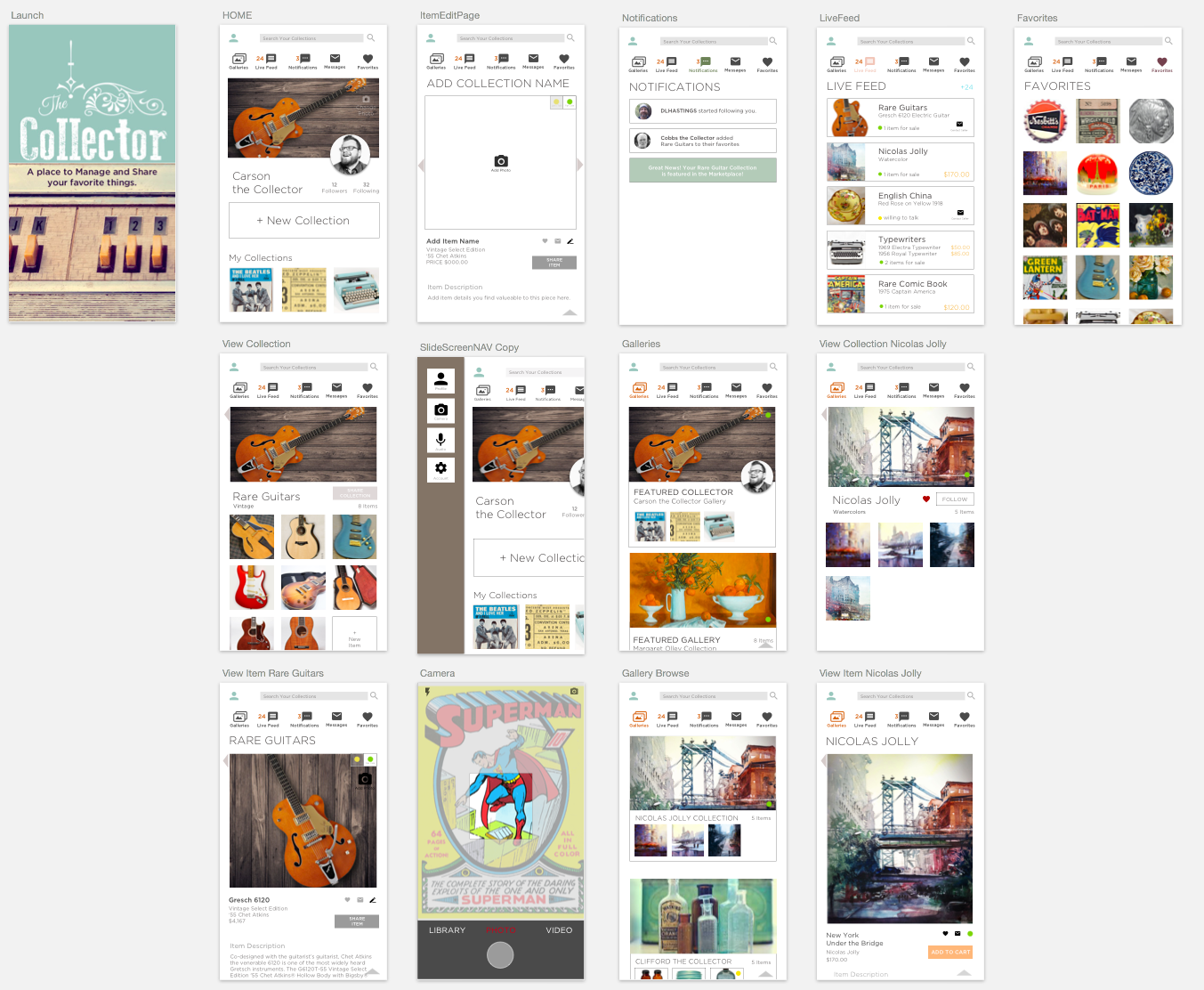 all of the mobile screens for the Collector App